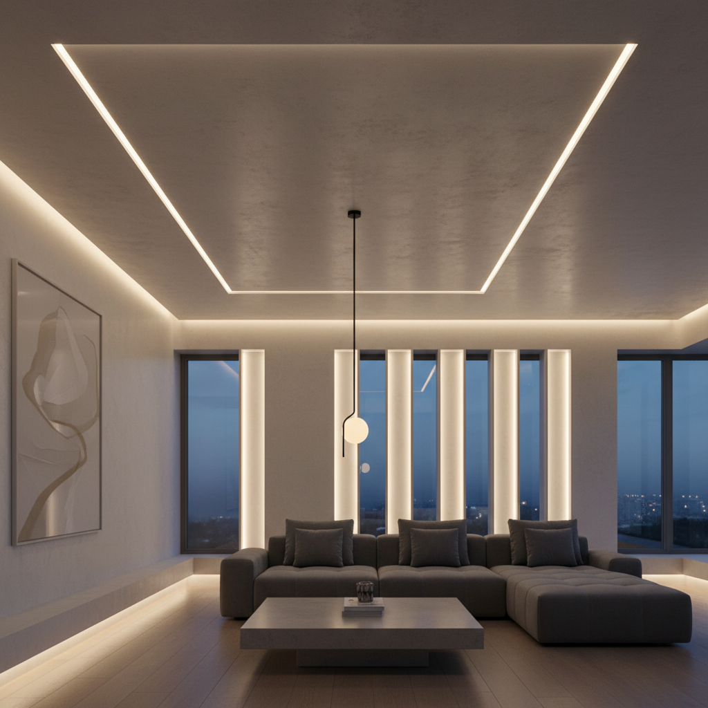 A minimalist lighting fixture casting a soft glow.